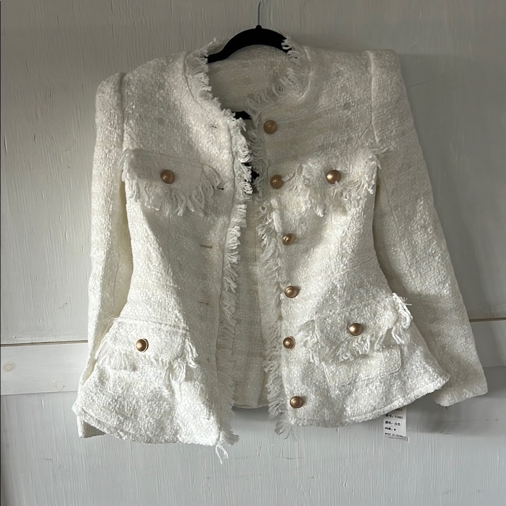 Gold and White Textured Blazer with Peplum Waist
